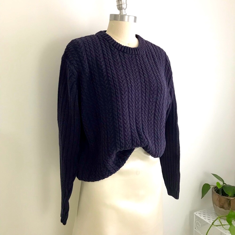 Sustainable Ramie & Cotton Vintage Cable Knit Jumper Sweater Navy Blue